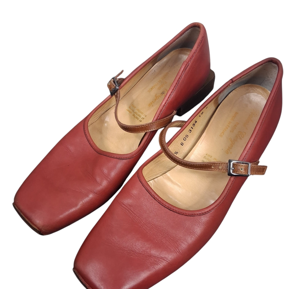 Rare Vintage Robert Clergerie Red Leather Square Toe Mary Janes Sz. 7.5